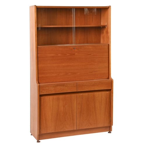 989 - A teak bureau bookcase, 1970s, the upper part with glazed sliding doors, 156cm h; 92 x 41cm... 