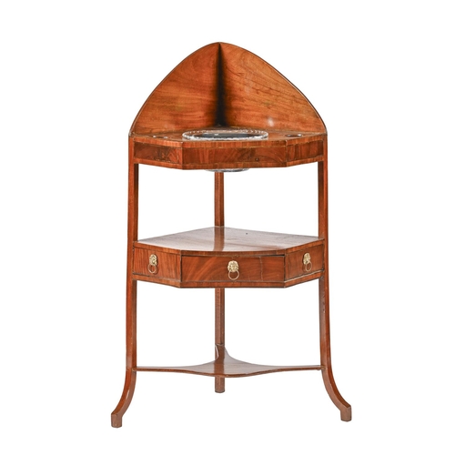 998 - A George III mahogany corner washstand, 104cm h; 41 x 55cm and a glass basin