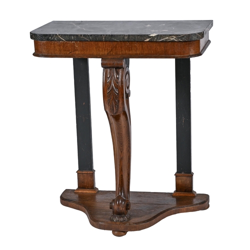 1001 - An oak console table, with acanthus leaf and volutes to the front leg, marble slab, 81cm h; 36.5 x 6... 