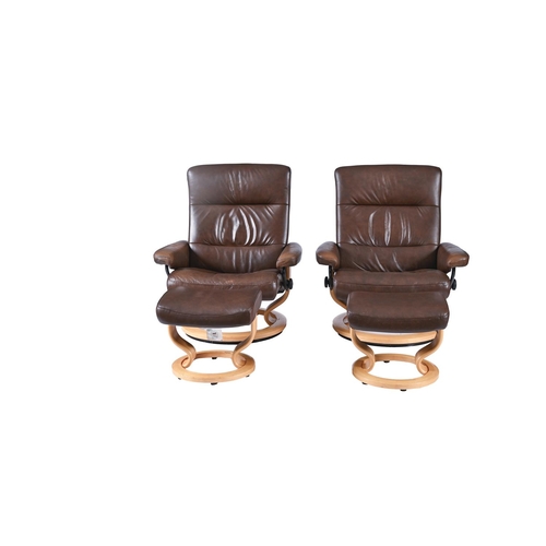 1008 - A pair of brown leather swivel and reclining armchairs and matching footstools, seat height 39cm, ov... 