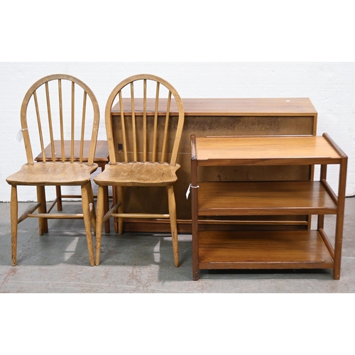 1110 - A pair of Ercol mid-century dining chairs, a contemporary teak three tier trolley, 60cm h; 69cm w, a... 