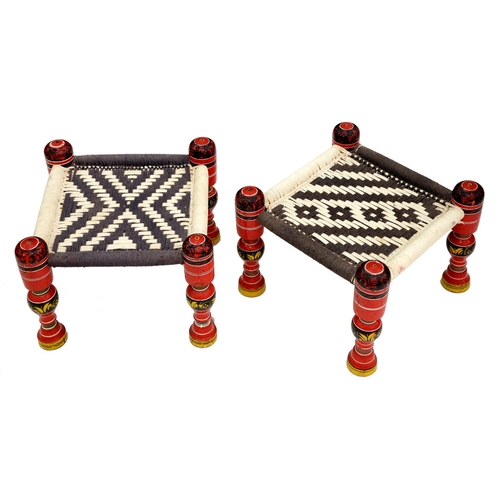 1027 - A pair of painted wood stools, Kashmir, 20th c, 38cm h; 47 x 47cm