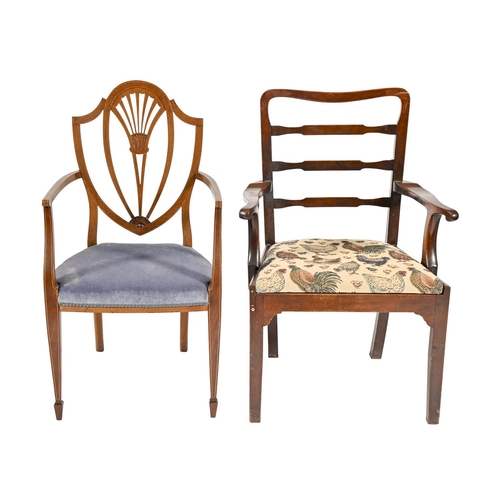 1040 - A George III mahogany ladder back elbow chair and an Edwardian mahogany and line inlaid elbow chair ... 