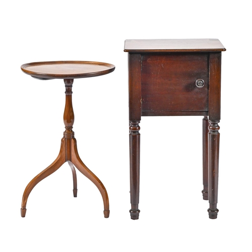 1043 - A Victorian mahogany pot cupboard, on turned legs, 72cm h; 35.5 x 41cm and a mahogany tripod table w... 