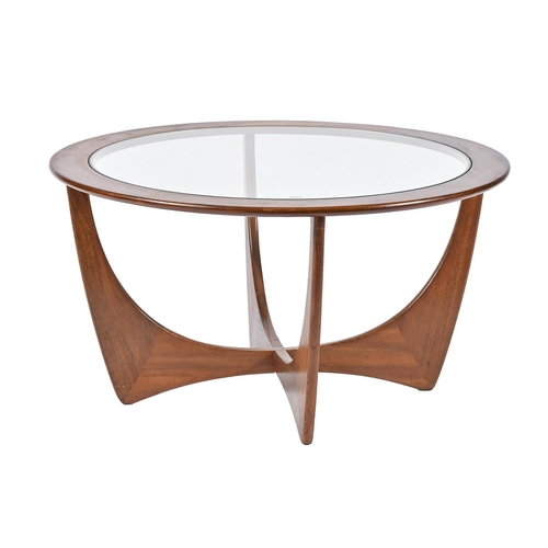 1071 - A G-Plan teak Astro coffee table with glass top, c1970, 45cm h; 83cm diam