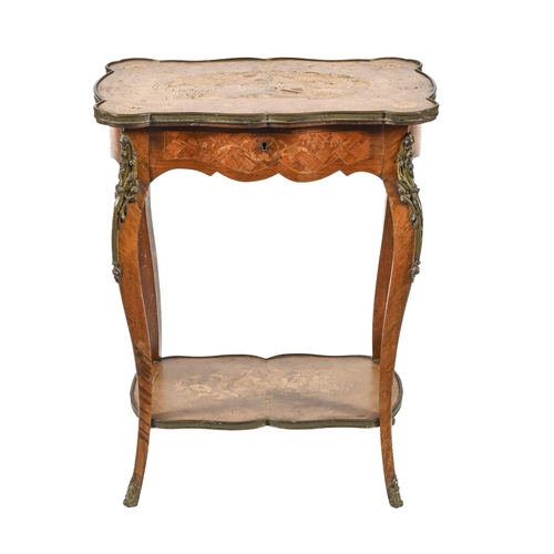 1076 - A French serpentine kingwood and marquetry work table, late 19th c, with floral decorated undertier,... 