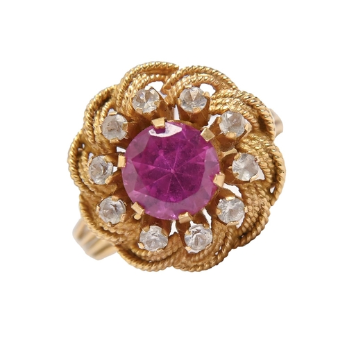 109 - A pink and white paste ring, in gold wirework, indistinct foreign control marks, 6.6g... 