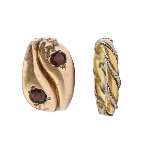 111 - A garnet serpent ring, in 9ct gold and a 9ct two colour gold ring, 9.2g, size L, M (2)... 