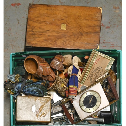 1153 - A Victorian walnut writing box, dolls, mantle clock, vintage tins, etc