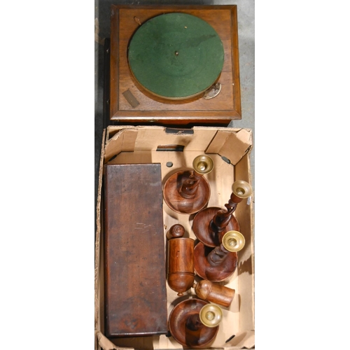 1155 - A Victorian mahogany collector's box, with hinged lid, 46cm w, an oak cased table top gramophone, c1... 