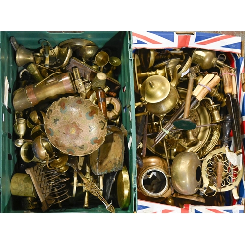 1185 - Miscellaneous Victorian and later brass and other metal ware, including candlesticks, trivets, antle... 