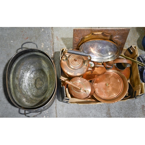 1187 - Miscellaneous Victorian and later metal ware, including a copper relief of a cavalier, pans, kettles... 