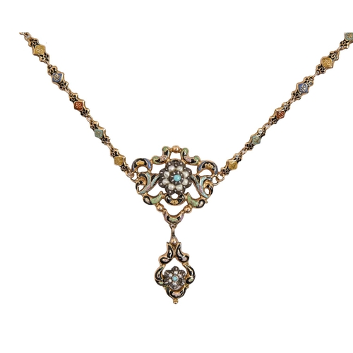 130 - An Austro Hungarian revivalist split turquoise, split pearl and gold and enamel necklet, c1900, pend... 