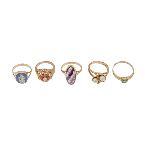 133 - Five gold rings,  variously gem set, including Blue John, 19.3g, size L, N, Q and S