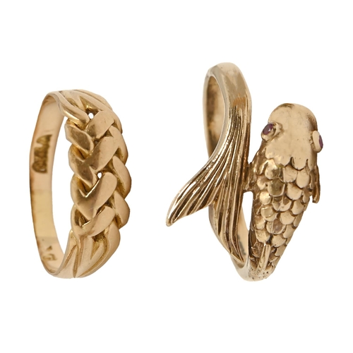 135 - A gold entwined ring,  part marked, probably Birmingham 1916 and a 9ct gold dolphin ring, 8.7g, size... 