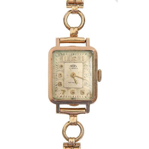 147 - A Trebex 9ct gold rectangular lady's wristwatch,  19 x 22mm, Edinburgh 1949, on 9ct gold bracelet, 2... 