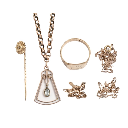 168 - A Victorian gold stickpin, gypsy set with diamond, two gold chains, an aquamarine pendant and a gold... 