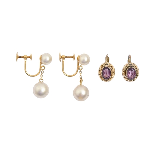 170 - A pair of cultured pearl earrings,  in gold, 22mm, marked 9ct, 3.4g and another pair of earrings (4)... 