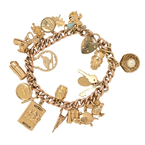 A gold charm bracelet, with a collection of 9ct gold charms, 19cm l ...