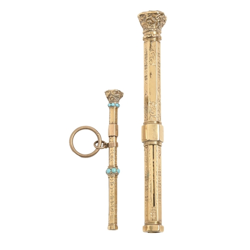 185 - A Victorian split turquoise and gold lady's propelling pencil and a larger contemporary gold-sleeved... 