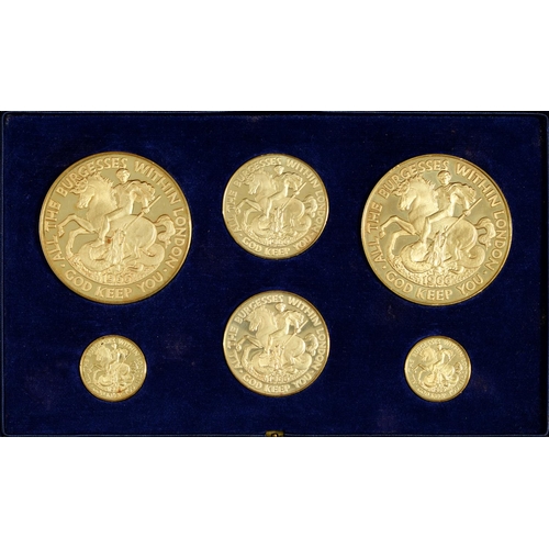189 - London Medals - Great Fire and Blitz. A set of six 18ct gold commemorative medals, 50mm and smaller,... 
