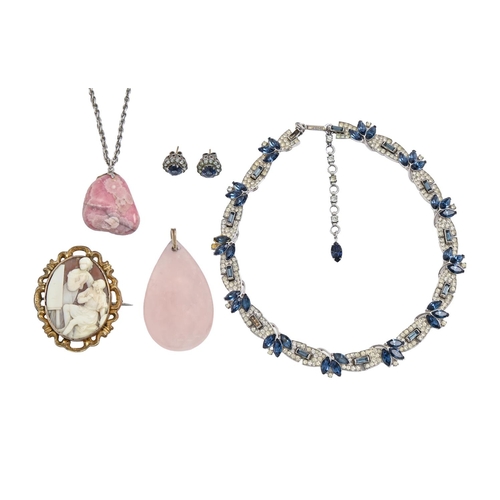 195 - Costume jewellery. A blue and white paste bib necklace and similar earrings, a cameo brooch, etc... 