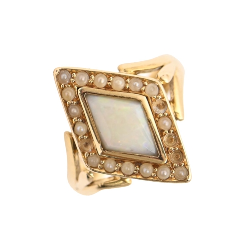 201 - An Edwardian lozenge shaped opal and split pearl ring, in 18ct gold, Chester 1909, 4g, size J... 