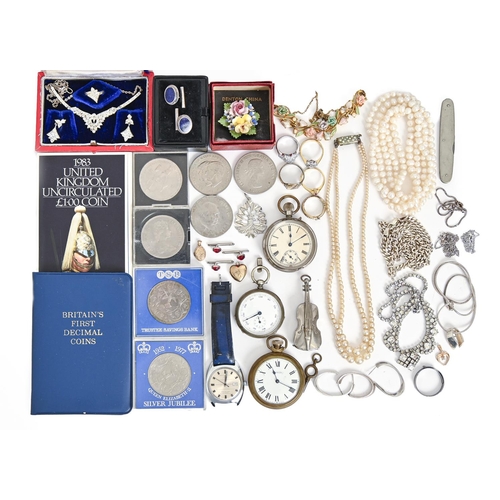 214 - Miscellaneous costume jewellery and watches, commemorative crown and other coins, etc... 