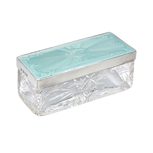 243 - A George V cut glass trinket box, with silver and blue guilloche enamel cover, 10.5cm l, by Robert P... 