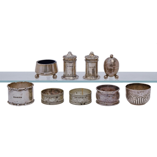 272 - Two Victorian silver salt cellars, three other silver condiments and two napkin rings, 3ozs 15dwts a... 