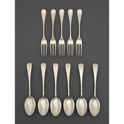 285 - A set of six Edwardian silver dessert spoons and five forks, Old English pattern, by John Round &... 