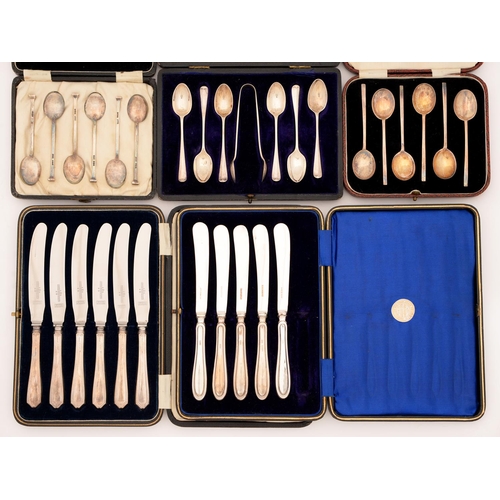 291 - Three sets of six George V silver coffee spoons, one with sugar tongs, various makers and dates and ... 