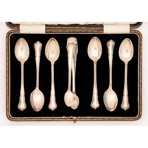 292 - A set of six Art Nouveau  silver coffee spoons and pair of sugar tongs, by Joseph Rodgers & Sons... 