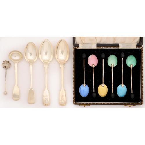 293 - A set of six George VI harlequin guilloche enamel and silver coffee spoons, with bean terminal, by H... 