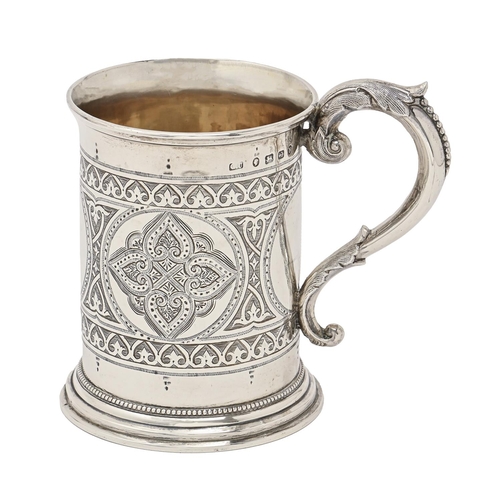 305 - A Victorian silver mug, with beaded handle and rim, 13.5cm h, by George Unite & Sons, Birmingham... 