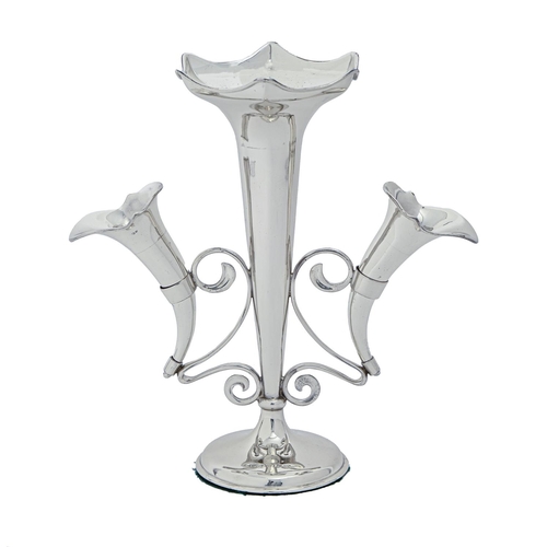 331 - A George V silver flower stand, with two detachable horn shaped vases, 26cm h, by J Gloster Ltd, Bir... 