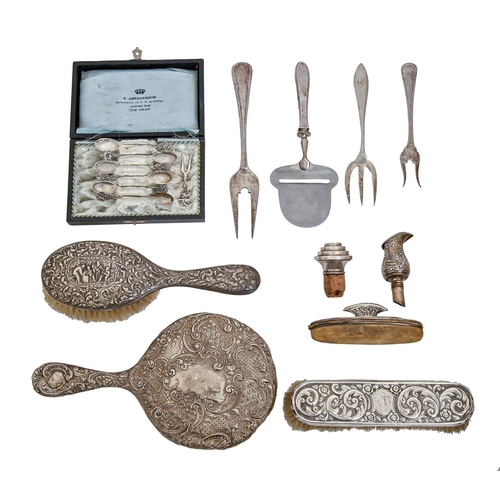 343 - Three Dutch silver serving forks, a silver hafted slice, a cased set of six spoons and several other... 