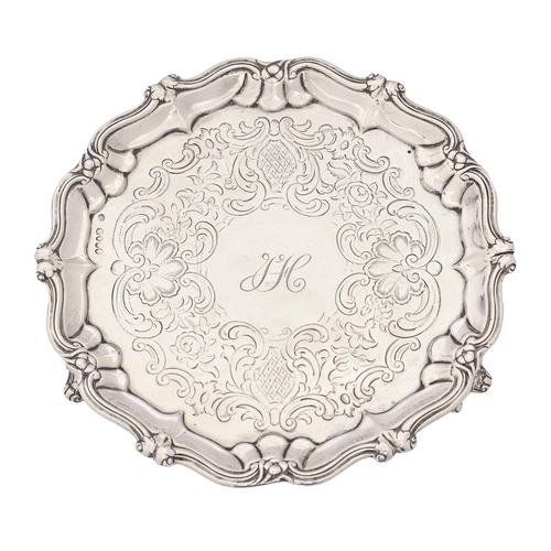 358 - A Victorian silver salver, on three scroll feet, 21cm diam, by John Evans, London 1844, 10ozs... 