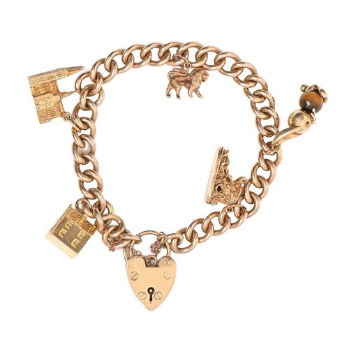 36 - A 9ct gold curb chain adapted as a bracelet from an albert, with 9ct gold padlock and four various g... 