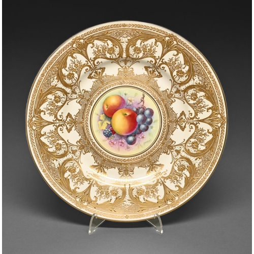 381 - A Royal Worcester plate, c1970, painted to the centre by F Higgins, signed, with fruit reserved on a... 