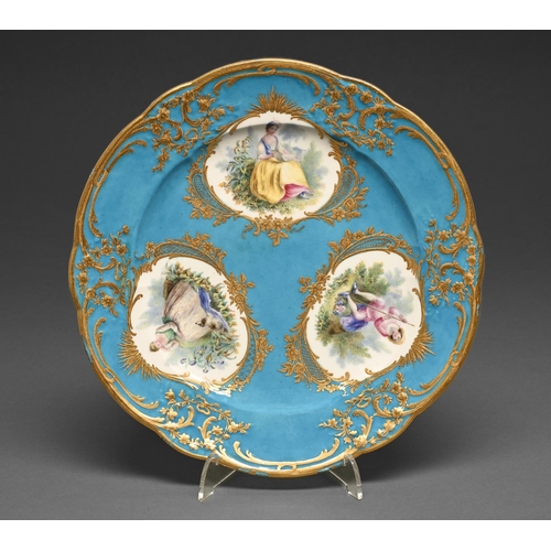 382 - A Sevres plate, 18th c, the decoration later, painted with three reserves of figures in cisele frame... 