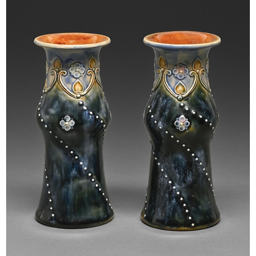 385 - A pair of Doulton Ware vases, early 20th c, applied with spiral beading, 15cm h, impressed marks and... 