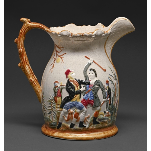 386 - A Staffordshire earthenware 'murder' jug, c1870, moulded in relief and decorated in colours with Wil... 