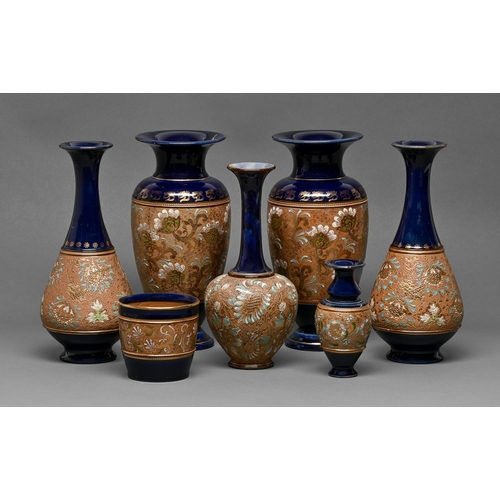 389 - Two and two pairs of Doulton and Slaters Patent chine gilt vases and a flowerpot, early 20th c, 27cm... 