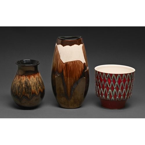 392 - Two Poole Pottery vases and a flowerpot, c1980 and later, the largest 25cm h, printed or moulded mar... 