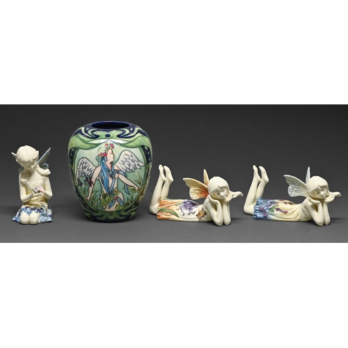 393 - Three Old Tupton Ware figures of fairies and a similar jar, jar 14cm h, printed mark, each boxed... 