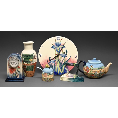 396 - An Old Tupton Ware vase and five other objects, comprising two clocks, teapot and cover, flat iron a... 