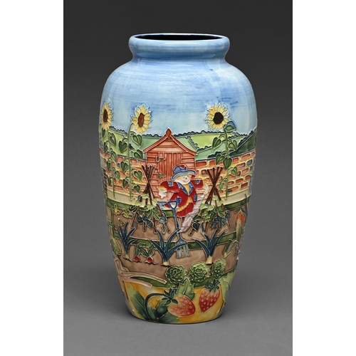 398 - An Old Tupton Ware vase, decorated with a continuous garden scene, 28cm h, boxed