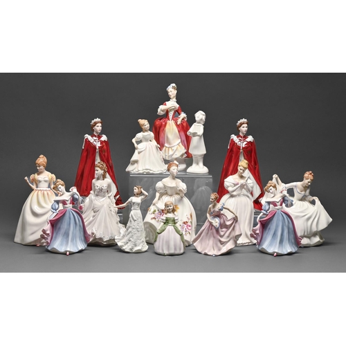 404 - Fifteen Royal Worcester commemorative and other figures of Queen Elizabeth II and young women, late ... 