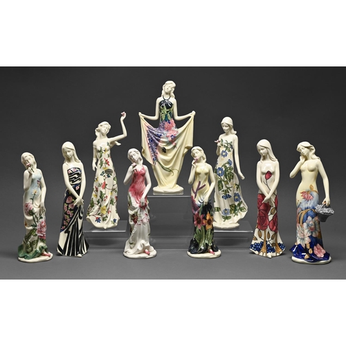 405 - Nine Old Tupton Ware figures of young women, 30cm h and circa, printed mark, each boxed... 